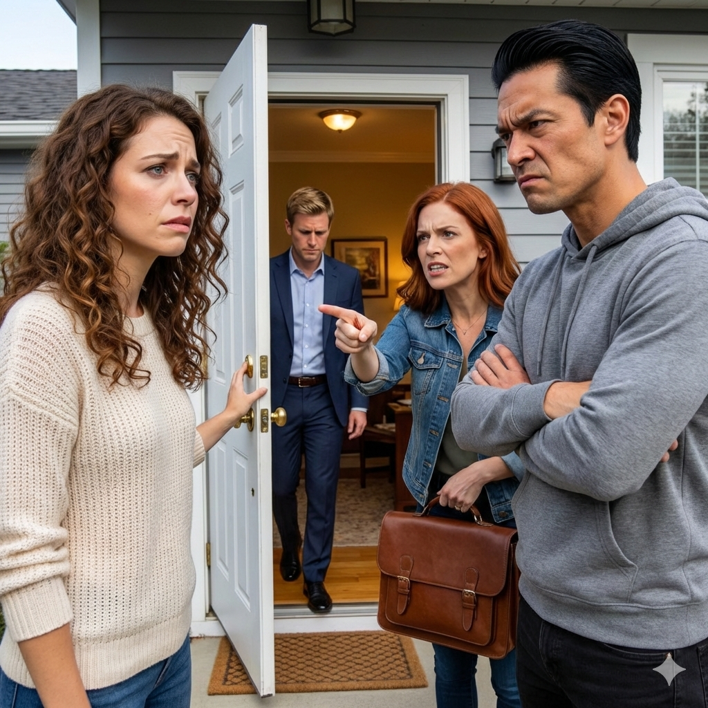 My husband’s new wife came to my door with a greedy smirk. She said, “We’re here for our rightful share of your father’s estate. Move out immediately.” I smiled as my lawyer walked in behind her…