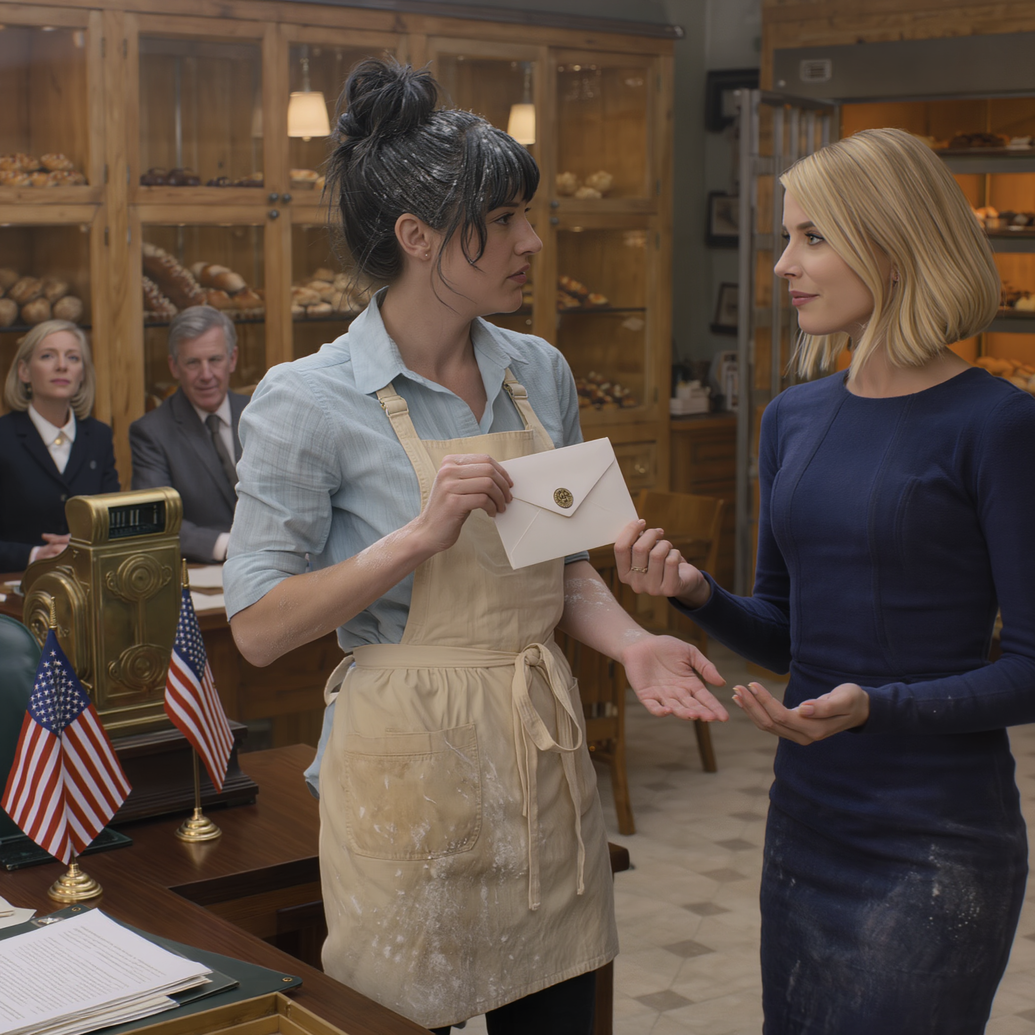 ‘Your parents are going to give the bakery to your sister.’ My mother didn’t even look at me. After twelve years of waking up at 5 a.m., they replaced me with Madison, who had a marketing bachelor’s degree, as if I were some old, worn-out oven they could finally replace. I didn’t argue. I took off my apron, stepped out into the cold air… then came back in anI arrived at Golden Cross Bakery at five in the morning, just like I had every single day for the past twelve years.  The familiar scent of rising dough and vanilla extract should have comforted me, but something felt different.  My parents stood in the back office, legal papers scattered across the worn wooden desk like fallen leaves. Mom couldn’t meet my eyes when she spoke the words that shattered my world.  “We’re signing the bakery over to your sisterd placed a small, sealed envelope in my sister’s hand.