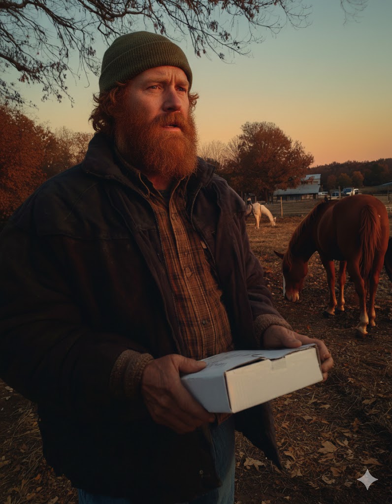 Cinematic 4K video, 24fps, medium shot, three-quarter profile. Character: An older farmer in his late 60s with a weathered, wrinkled face and white stubble. He is wearing a dark brown, heavy-duty canvas work jacket over a worn brown and orange plaid flannel shirt. On his head is a faded dark trucker cap. Expression & Emotion: His expression is deeply melancholic and contemplative, filled with a sense of sadness and regret (hối hận). He stares off into the distance toward the horizon, lost in thought. His eyes are slightly misty but he does not cry. Action: He stands still in the middle of a ranch, holding a plain white cardboard box firmly with both hands in front of his waist. His hands tremble very subtly. In the background, a brown horse is grazing on dry grass and fallen autumn leaves. In the far distance, a weathered wooden farmhouse door is visible. A worn leather tool bag sits on the ground near his feet. Environment & Lighting: The scene takes place during the “golden hour” at sunset. Warm, amber sunlight hits the side of his face, creating long shadows and highlighting the texture of his skin and jacket. The atmosphere is quiet and nostalgic. Camera Movement: A slow, cinematic zoom-in toward the man’s face, accompanied by a very slight handheld camera sway to create a realistic, documentary feel. Acting Style: Naturalistic, grounded, and understated acting. No exaggerated movements. The character never looks at the camera. Quality: Hyper-realistic textures of the canvas jacket, the cardboard box, and the horse’s coat. High-quality film grain.