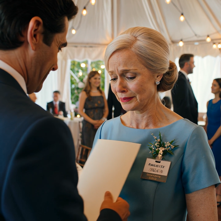 At my granddaughter’s wedding, I noticed my name tag said, “The old lady who’s paying for everything.” During the toast, I read out the hidden clause in my late husband’s will: any descendant who… She didn’t know about the will.