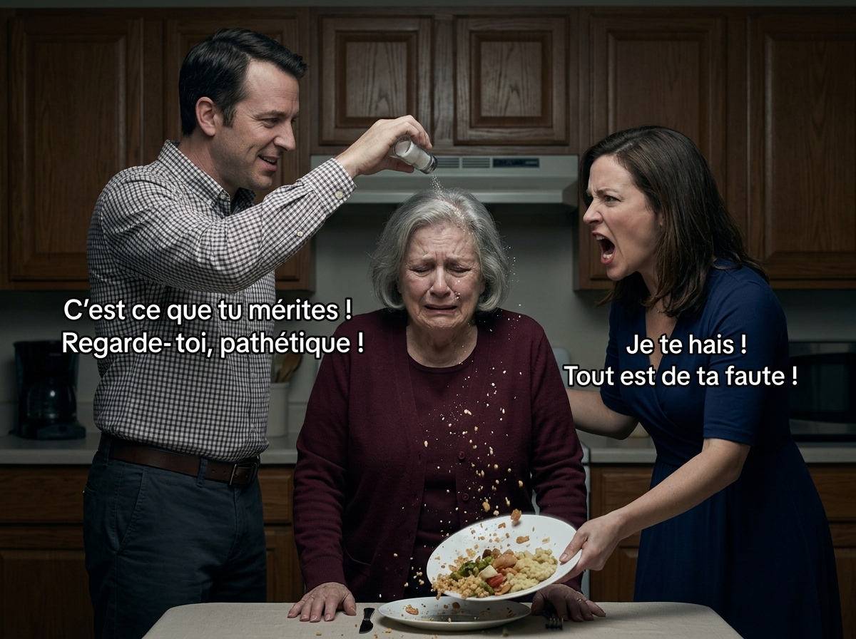 « Vieux et inutile maintenant, hein ? » hurla ma belle-fille, sa voix tranchante… « Vieux et inutile maintenant, tu n’es pas ? » hurla ma belle-fille, sa voix plus profonde que n’importe quel couteau. Je me suis tournée vers mon fils, priant pour qu’il l’arrête—mais il ne l’a pas fait. Mon sang se glaça quand il avança, attrapa une poignée de sel et la jeta au-dessus de ma tête comme si j’étais une chose maudite à chasser. À cet instant, j’ai compris que la trahison la plus cruelle ne venait pas d’inconnus… Et ce qui s’est passé ensuite m’a brisé à jamais.